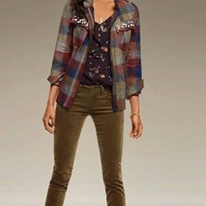 CAbi Style #3555- Medium Multicolor Plaid Collage Jacket with Pearl Accents